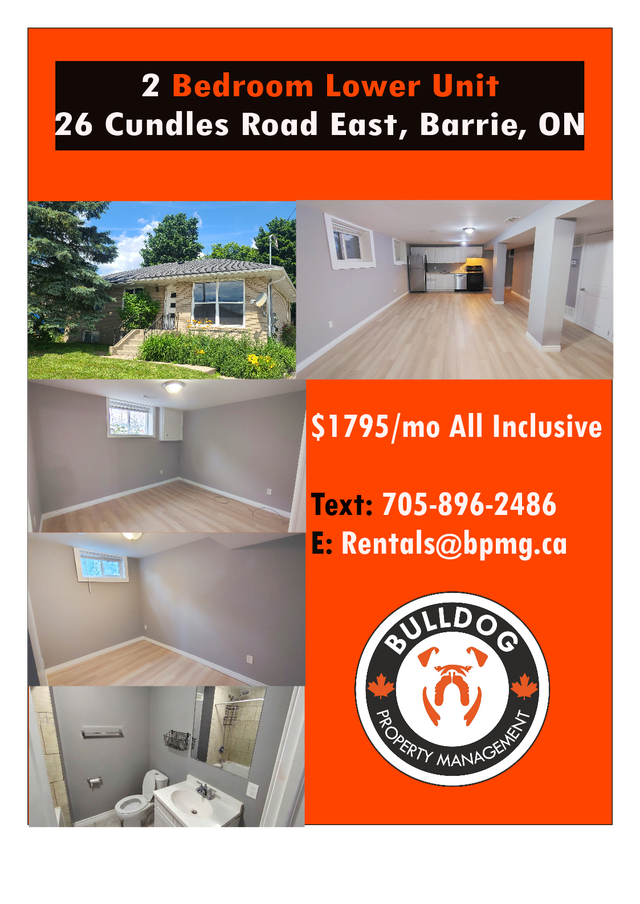 2 Bedroom Lower Unit in North Barrie