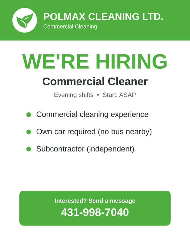Commercial Cleaner Wanted – Evening Shifts (Subcontractor)