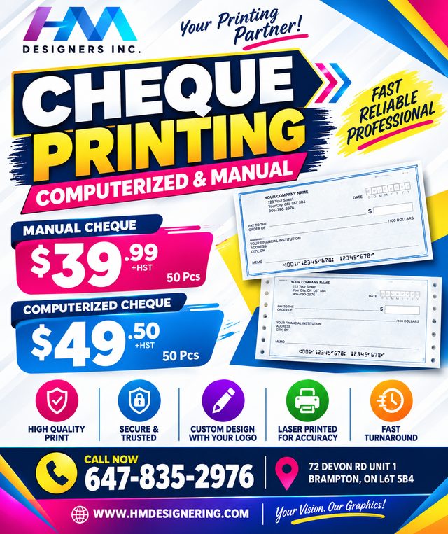 Manual & Computerized Cheque Printing – Custom Business Cheques