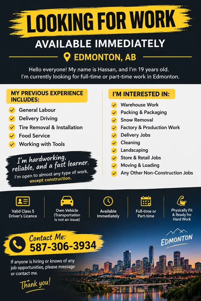 LOOKING FOR WORK – AVAILABLE IMMEDIATELY – EDMONTON