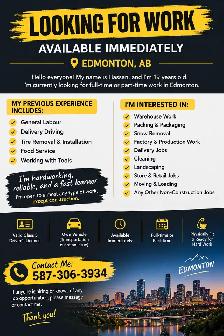 LOOKING FOR WORK – AVAILABLE IMMEDIATELY – EDMONTON