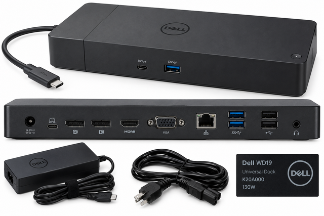 Used Dell WD19 USB-C Docking Station K20A000 with 130W Adapter