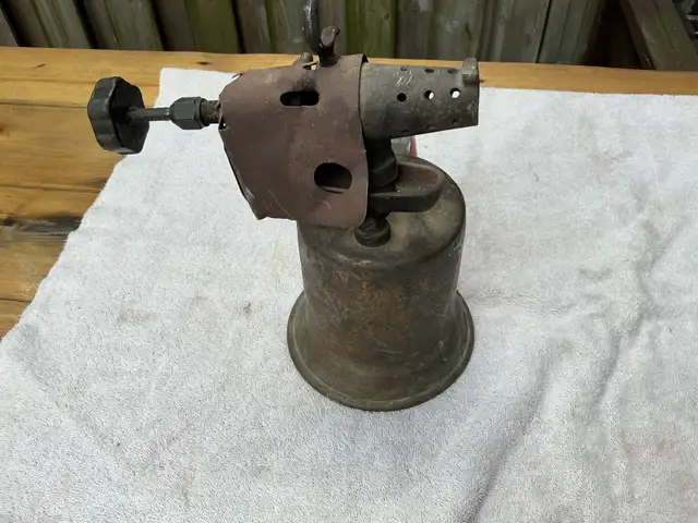 Vintage Brass Blowtorch with Red Wood Handle !