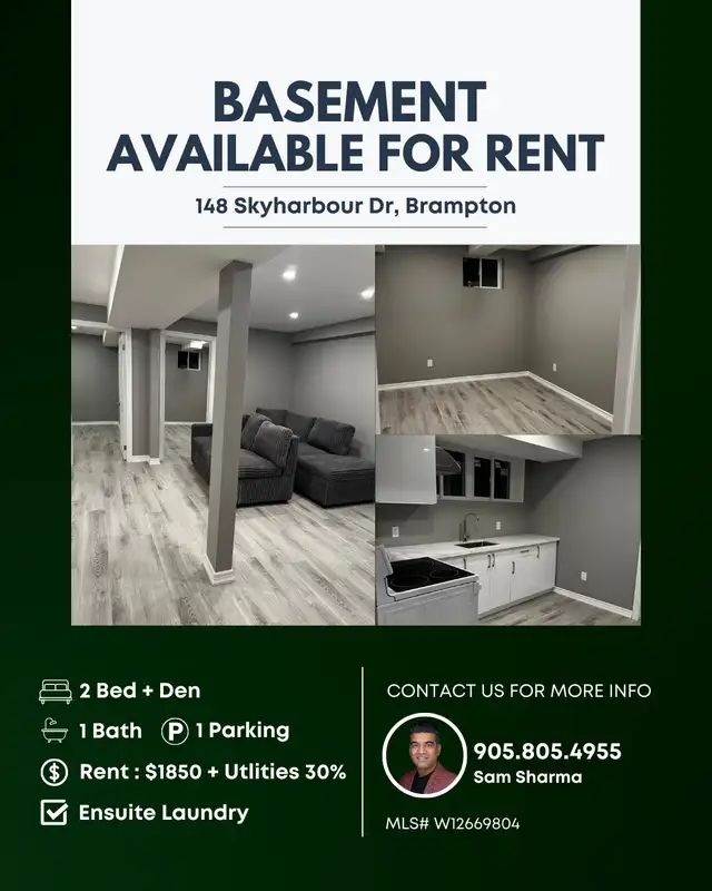 2 Bed   Den Basement for Rent in Brampton for $1850