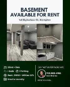 2 Bed   Den Basement for Rent in Brampton for $1850