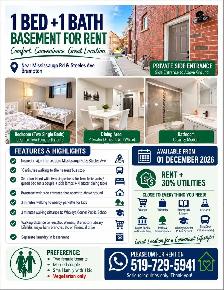 1 BEDROOM   1 BATH BASEMENT FOR RENT – BRAMPTON