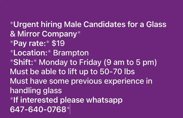 General Labour: Glass handling experience