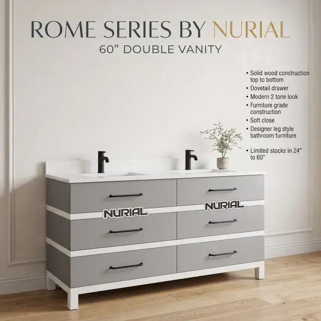 Grey Vanity, Mirror, Bathrub, Faucet, Toilet