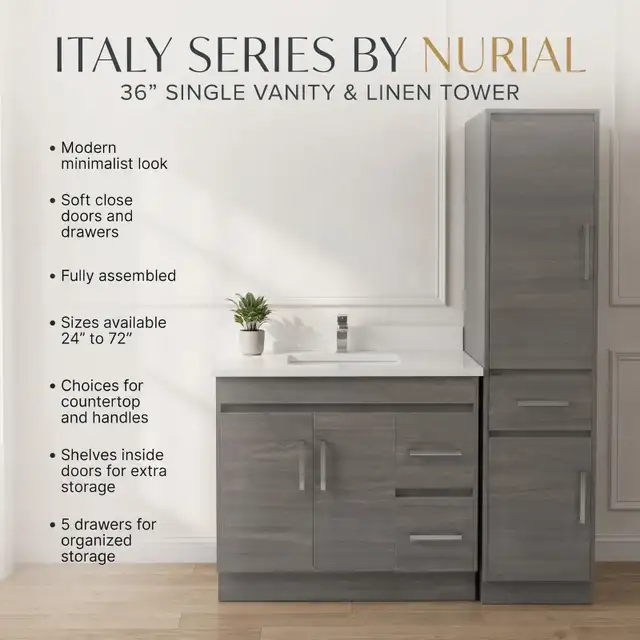 Vanity, Linen Tower, Countertop, Porcelain Tile, Mirror