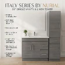 Vanity, Linen Tower, Countertop, Porcelain Tile, Mirror