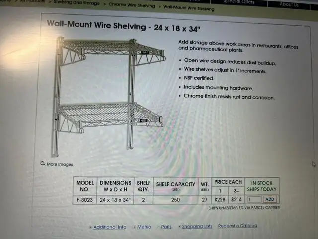 WIRE WALL SHELF, 24 IN X 18 IN, X 34 2 SHELVES, 125 LB LOAD CAPA