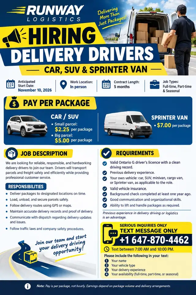 Hiring experienced delivery driver(Northyork and Etobicoke)