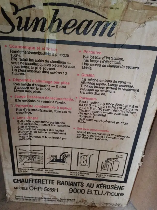 Chaufferette SUNBEAM au kérosène  ( 9,000 BTU / heure ) Canada