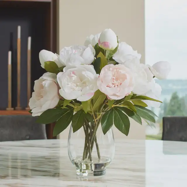 Faux 18 in. (45.7 cm) Peony Floral Arrangement with Glass Vase