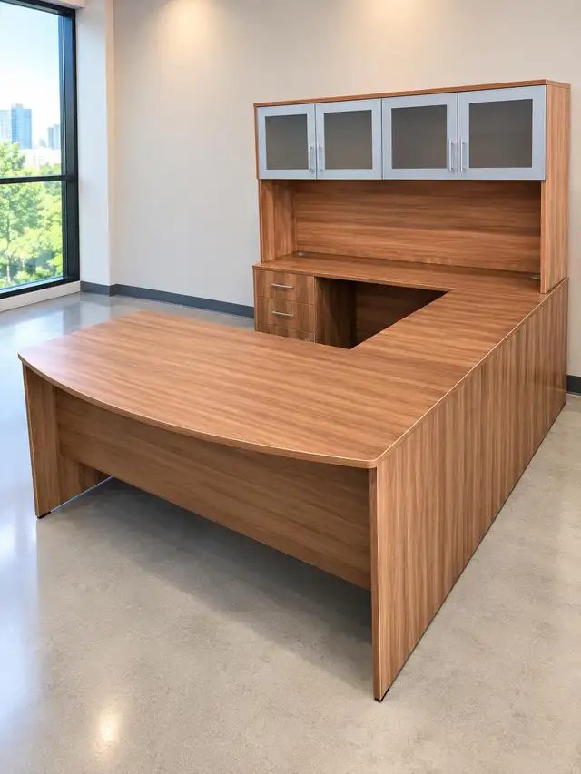 Bow Front U-Shape Desk with Glass Hutch - Call Us Now!
