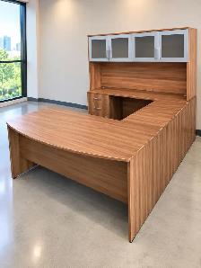 Bow Front U-Shape Desk with Glass Hutch - Call Us Now!