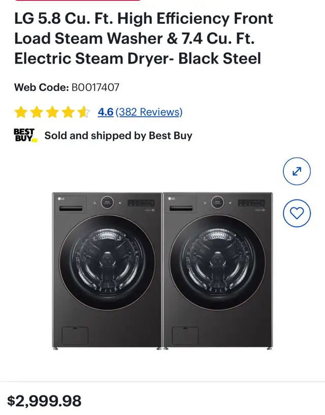 LG 5.8Cu.ft High EfficiencySteam Washer&7.4cu.ft Dryer