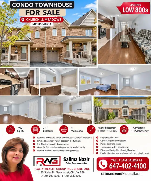 TOWN HOUSE AVAILABLE FOR SALE IN MISSISSAUGA 1900 SQFT 4 BED