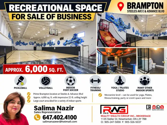 RECREATIONAL SPORTS FACILITY – SALE OF BUSINESS IN BRAMPTON!